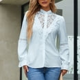 thumbnail image 4 of Blusa de manga larga con encaje y detalle calado, camisa de un solo pecho en color puro en azul claro, talla S, dije de volante retro, 4 of 6
