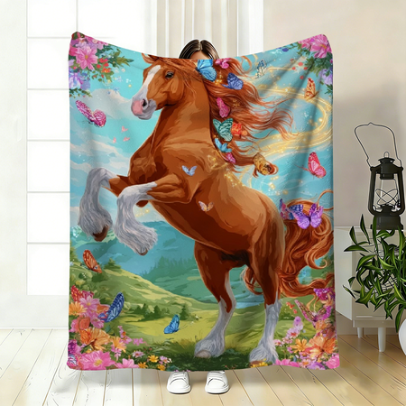 Realistic Brown Horse Print Flannel Throw Blanket, Cozy All Season Decorative Blanket for Family Friends Gift for Travel Camping & Home Use