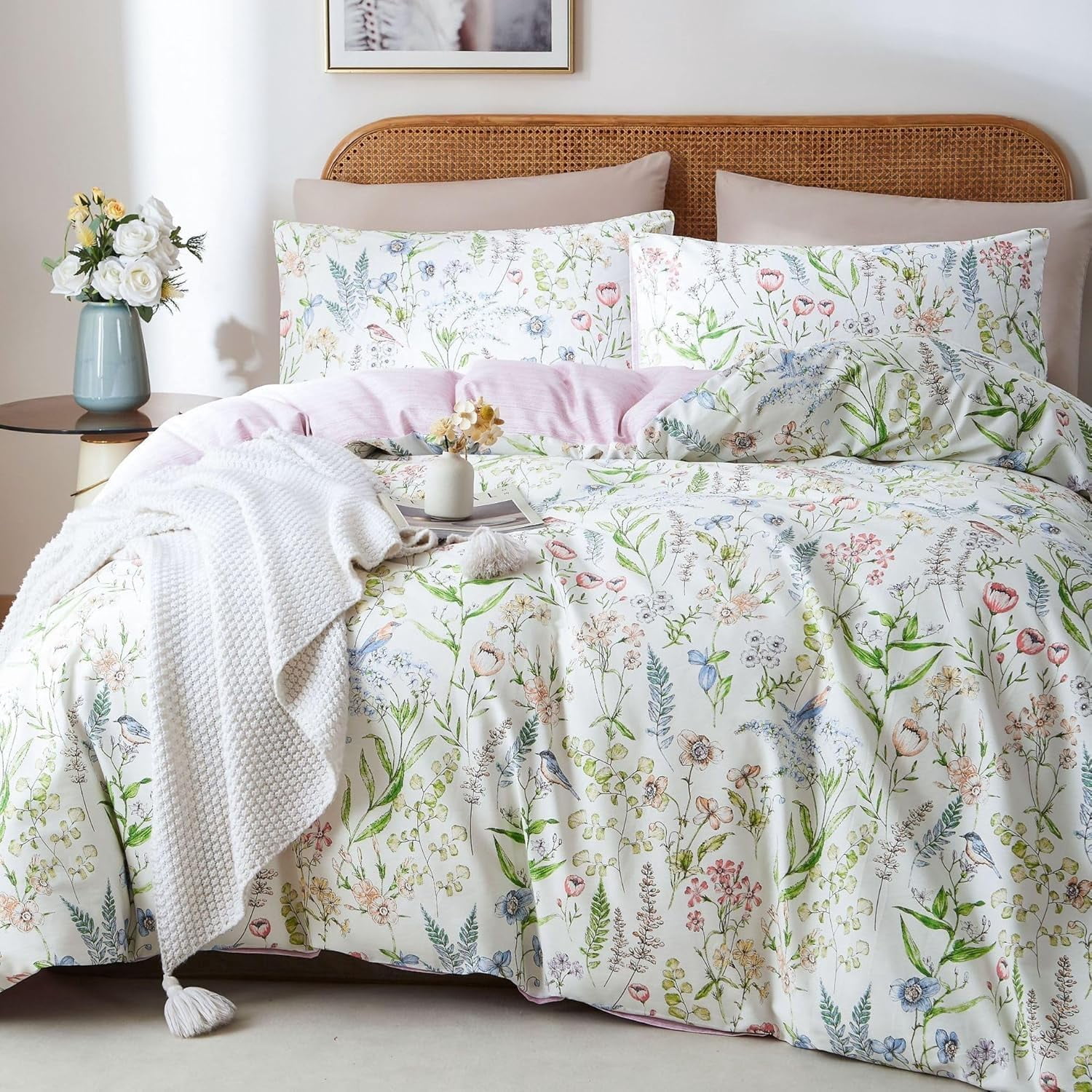 Nayoroom 100% Organic Cotton Duvet Cover Set, 3 Pieces Colorful Flowers White Duvet Cover Reversible Soft Bedding Set Queen