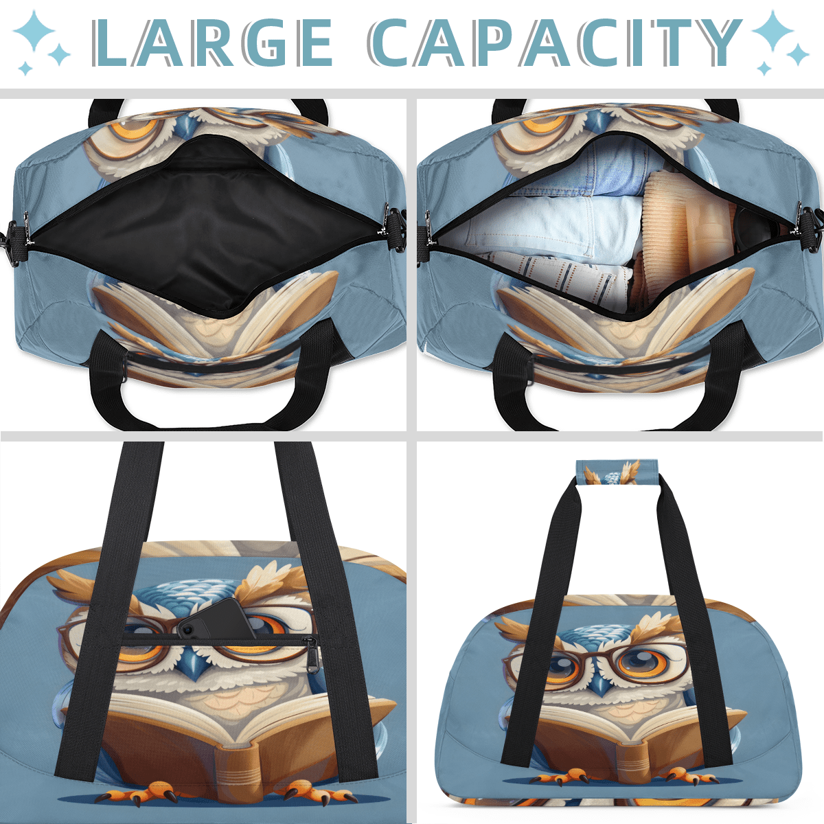 Herdesigns Owl Sports Duffle Bag for Women & Men, Funny Gym Bag Dance Bag Overnight Bag Carry On Weekender Travel Bag