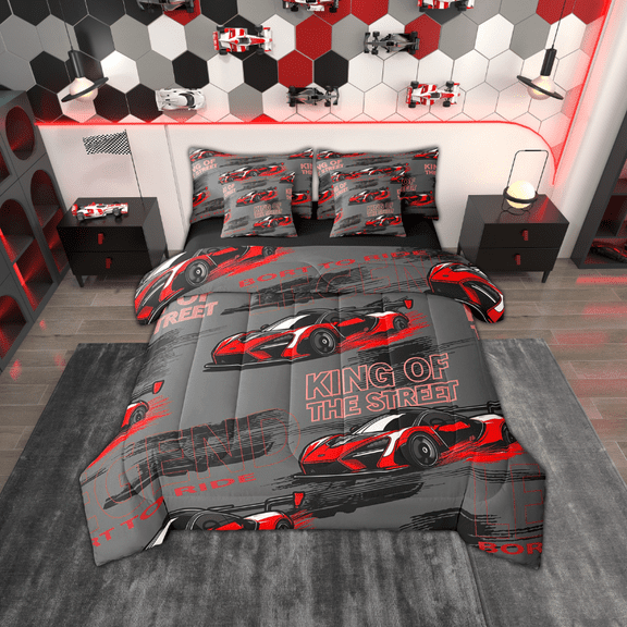Erosebridal Red Sport Car Bedding Sets Twin Size,Racing Car Comforter Sets with Sheets,Extreme Sports Bed in a Bag Twin size,Ultra Soft Car Theme Room Decor,Reversible,7-Piece