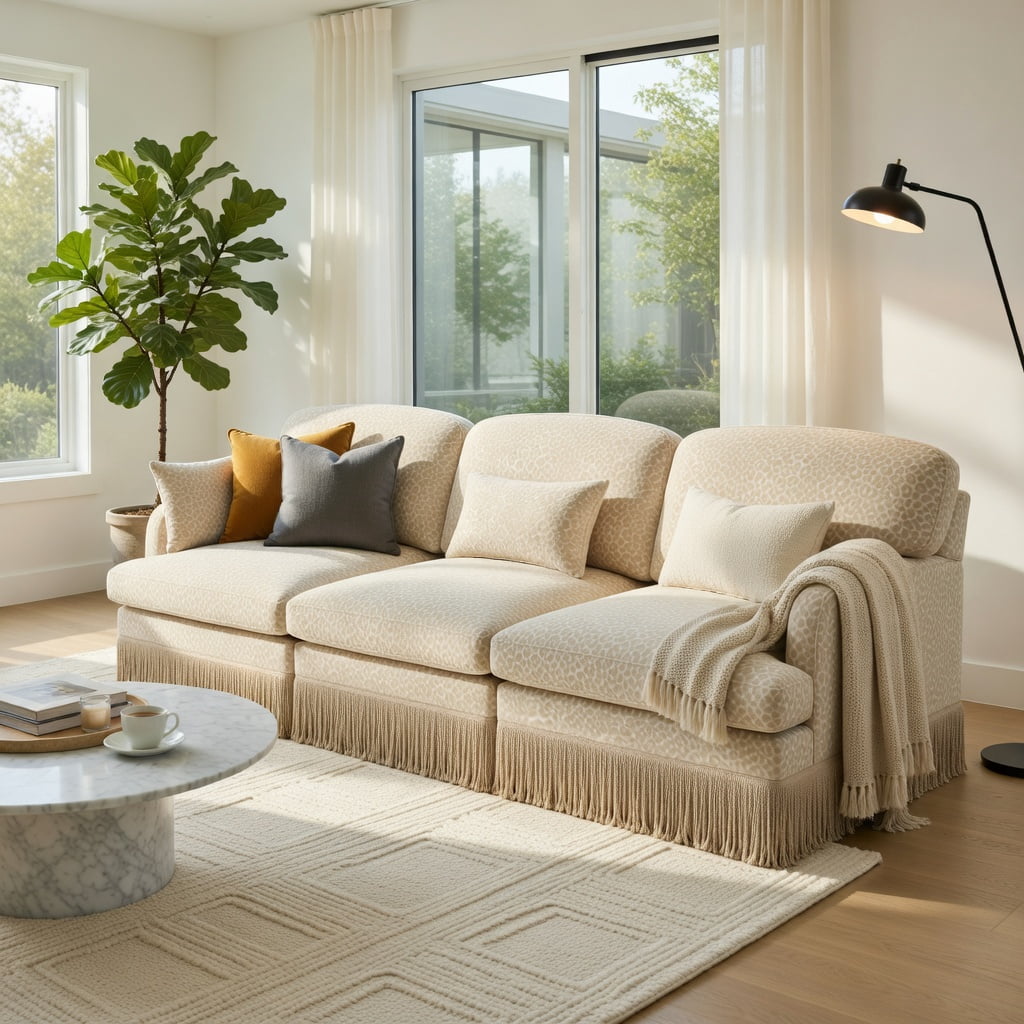 Hommoo 100" Leopard Print Chenille 3-Seat Modular Sectional Sofa, Tassel-Trimmed, Ergonomic Deep Seat Design, Easy Assembly Living Room Couch, Beige