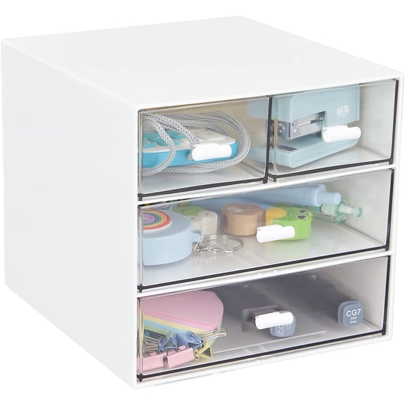 Desk Organizer with 4 Drawers, Clear Plastic Desk Storage Box, Desktop Organization for Office Supplies, Gel Pens, Pencils, Markers, Tape, Erasers, Paperclips, Chargers (White-4 Draws)
