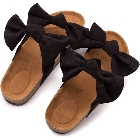 

Womens Leopard Slide Sandals Soft Cork Footbed Slip On Slides with Arch Support Leather Knot Bow Sandal Slippers