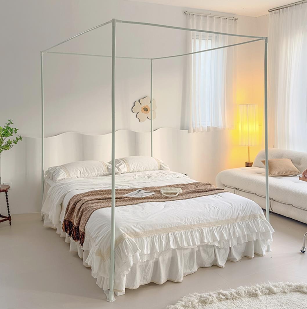 Mosquito Net for Bed 4 Corner Post Lace Canopy Curtains Encrypted Mosquito Net Floor Curtain with Metal Bracket for Girls Bed Adult Bedroom Kids Rooms