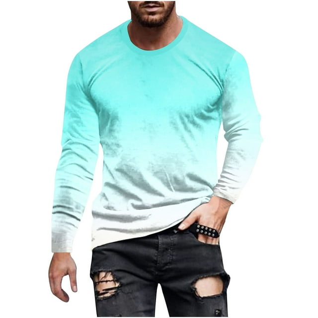 VALMASS Chemises à Manches Longues pour Hommes Grande Taille Col Rond Dégradé Hauts Légers Pull-Over Décontracté Doux (L, Vert Menthe)