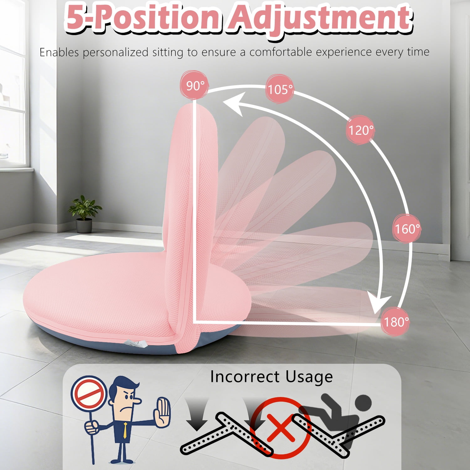 Floor Chair with Back Support, Foldable Adjustable Floor Seat, 5-Position Padded Recliner Floor Chair for Gaming, Reading and Meditation (Pink)