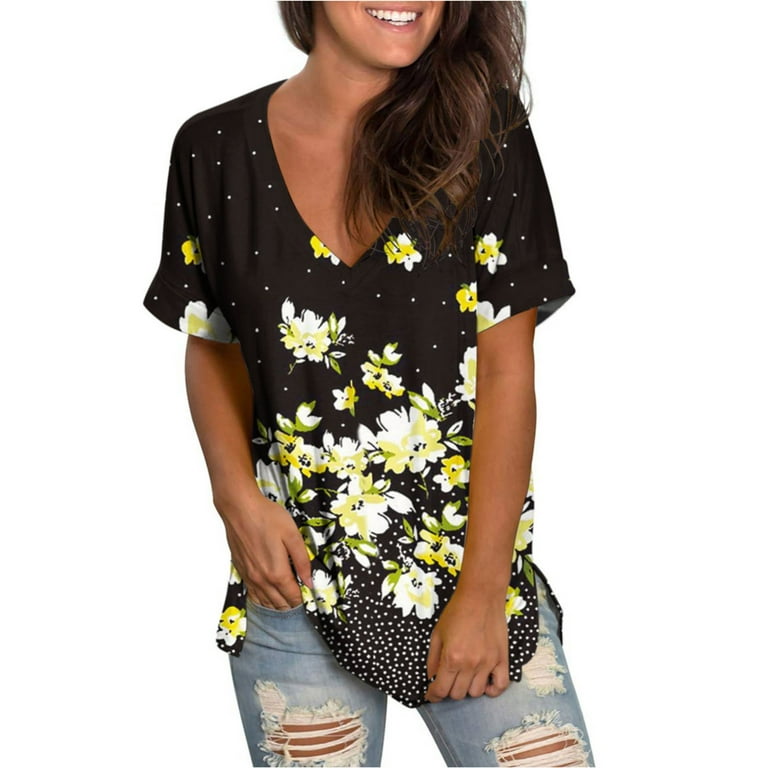 Fsqjgq Long Sleeve Shirts for Women Vintage Spring Womens Tops Womens  Casual Elegant Printed Short Sleeve V Neck Shirt Top Blouse Yellow S