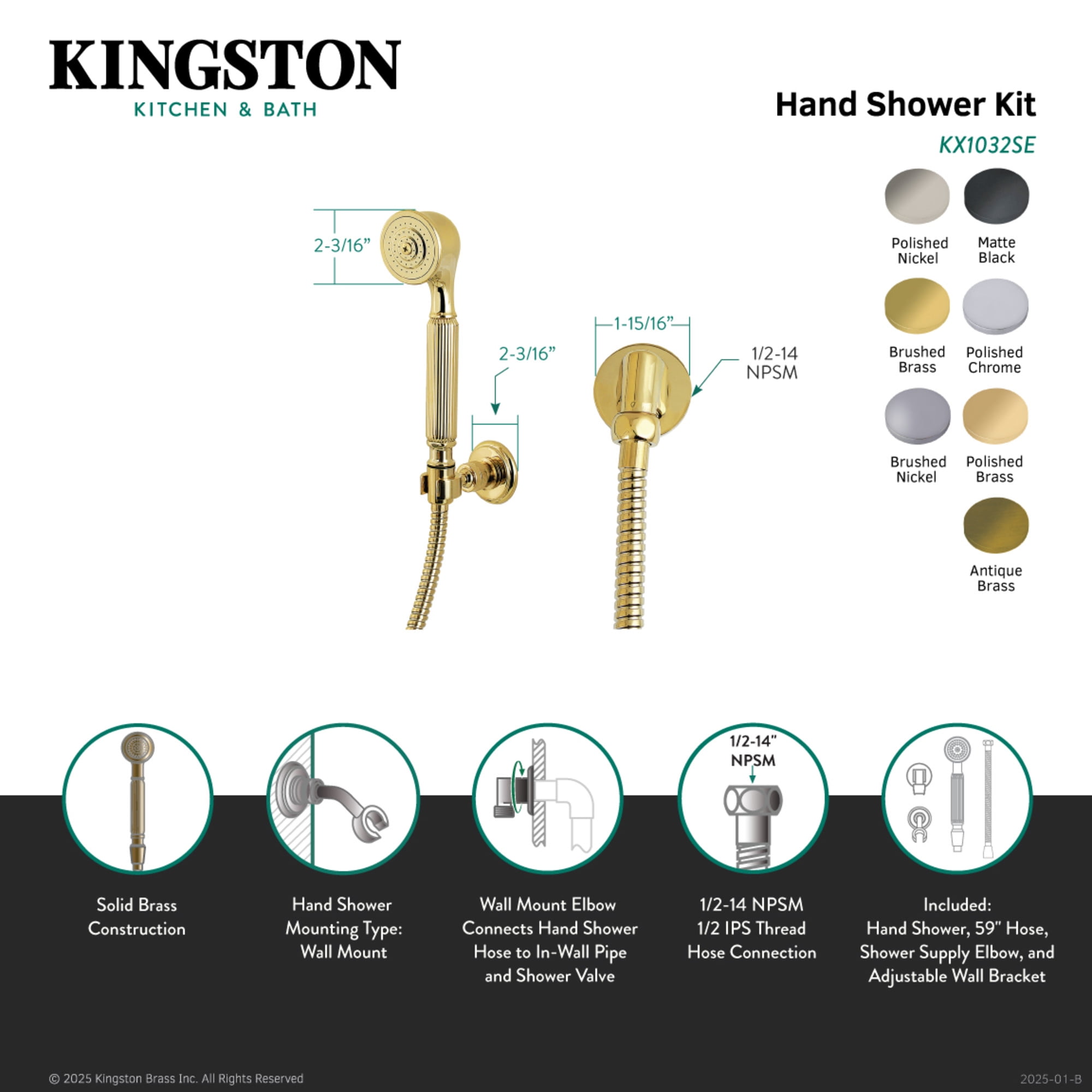 Kingston Brass KX1038SE Restoration Hand Shower Kit, Brushed Nickel