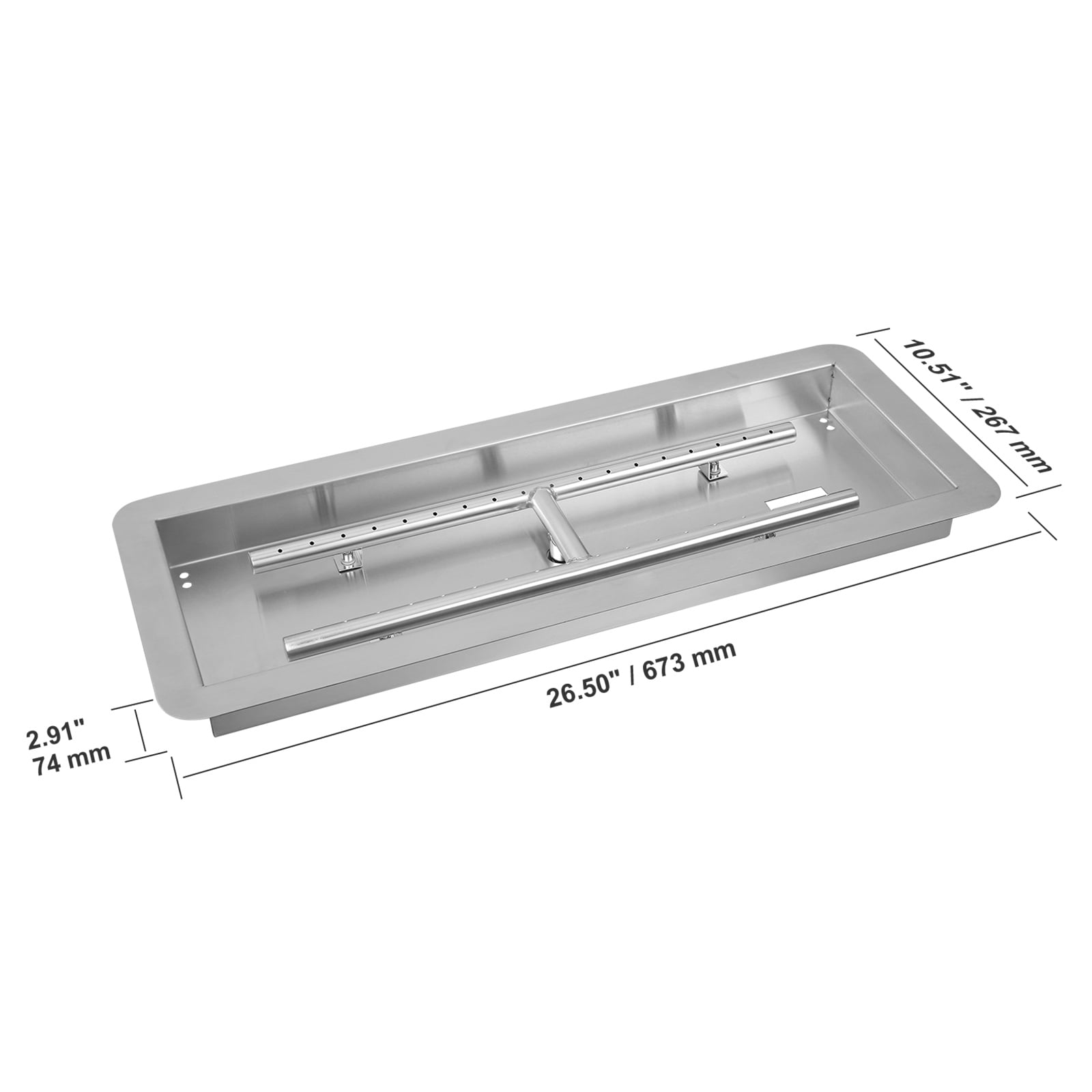 KFFKFF 36 x 12 inch Rectangular Drop-in Fire Pit Pan with Stainless Steel Burner Kit, Compatible with Natural & Propane Gas, 150,000 BTU H-Burner
