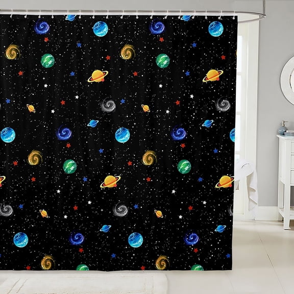 Manfei Cartoon Colorful Planets Shower Curtain 72Wx72L,Celestial Stars Bathroom Curtain,Black