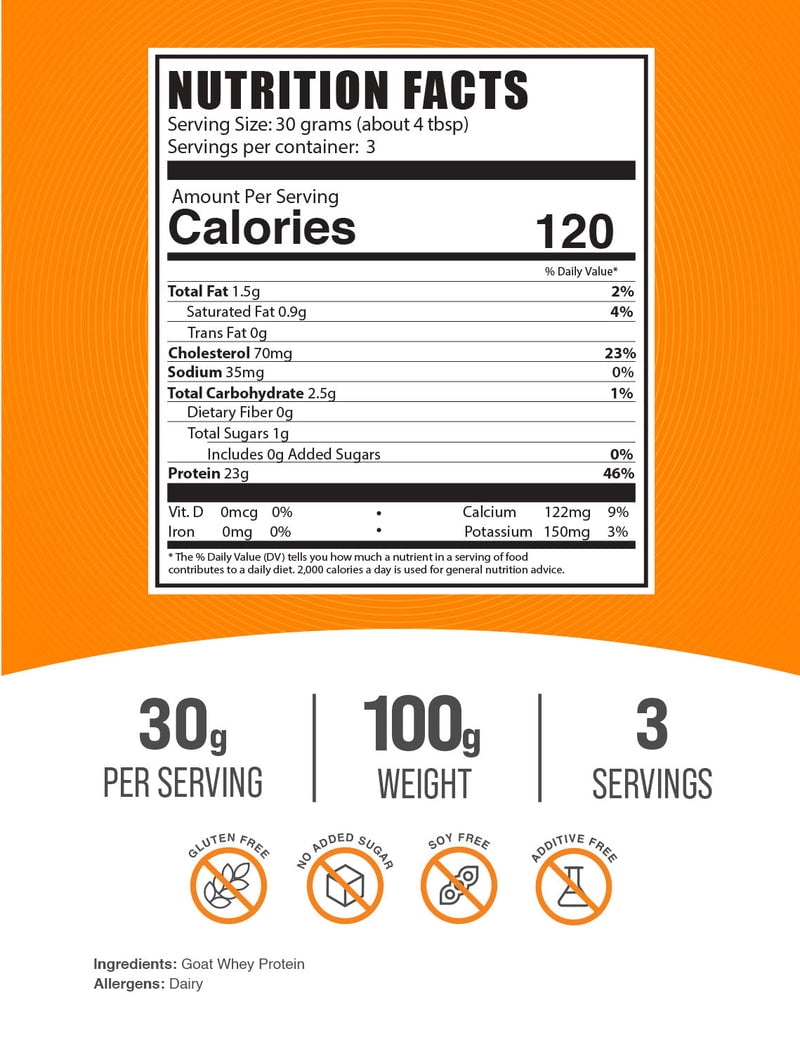 BulkSupplements Goat Milk Whey Protein Powder - Whey Protein Concentrate, Protein Supplement - Unflavored, 30g per Serving, 100g (3.5 oz)