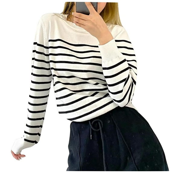 Womens Fall Fashion 2022! QLEICOM Sweaters for Women, Fashion Women's Round- Neck Stripe Splicing Recreational Knitting Sweater Long Sleeve Tops On Clearance