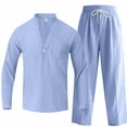thumbnail image 6 of Gytharion Men's Summer Casual 2 Piece Outfits for Vacation Soild Color Stand Collar Long Sleeve Shirts with Drawstring Elastic Waist Long Pants Outfits Cotton and Linen Lightweight Sets, 6 of 8
