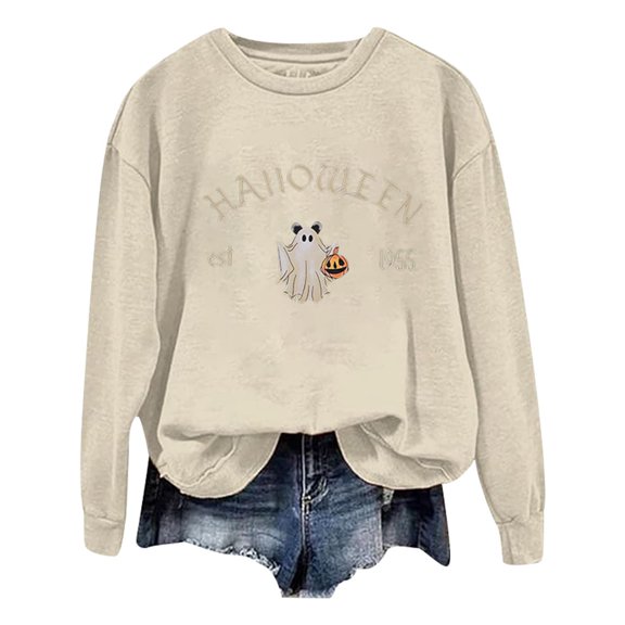 Gunia Women'S Halloween Ghost Sweatshirt Graphic Crew Neck Long Sleeve Thin Pullover Top Hoodie Fall Fashion Clothes Beige S-2Xl