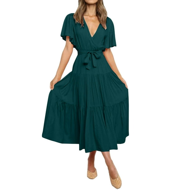 Vestido boho de playa de verano para mujer: vestido midi sin mangas de color liso con volantes, cuerpo fruncido y espalda descubierta