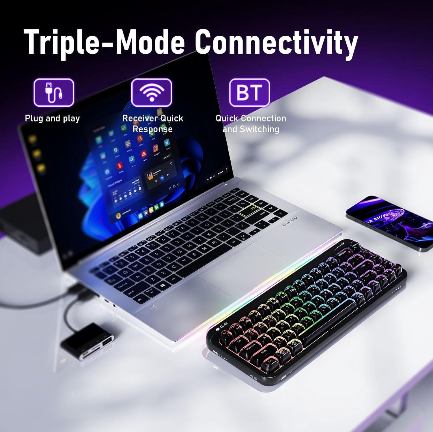 AF68 Membrane Keyboard, 68% Layout 68-Key Gaming Keyboard, 2.4 GHz/Type-C/BT, RGB Lighting Effects with Integrated Side Light Bar, 4000mAh , Translucent Keycaps