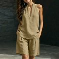 thumbnail image 6 of Women's 2 Piece Short Sets Linen Sleeve V Neck Halter Matching Short Suit Summer Casual Oversized Outfits Khaki L(L), 6 of 6