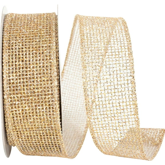 Ribbon - Micro Mesh Glitter Metallic Wired Edge,Gold/Silver, 1-1/2 Inch, 10 Yards