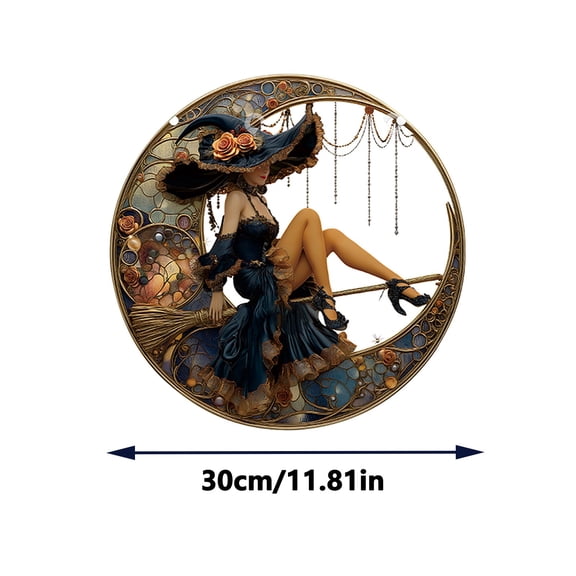 Lilixerw Witch Sit In Broom Design Hanging Ornament with Moon,Halloween 2D Flat Acrylic Window Wall Decor,Suitable for Halloween Party Home Decoration,11.81 inch
