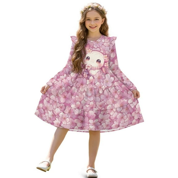 FKELYI Pink Cherry Axolotl Print Girls Ruffle Sleeve Dress A Line Twirly Dress for Kids Midi Soft Fall Dresses Patchwork Playwear Sundress, 7-8 Y