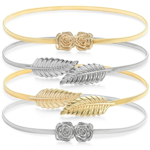 Juvale Skinny Stretch Metallic Waist Belts - Two-Tone Gold & Silver Metal Belts for Women with Leaf & Rose Pattern & Adjustable Comfort Fit - Pack of 4, Medium 27-40 in, Gold & Silver