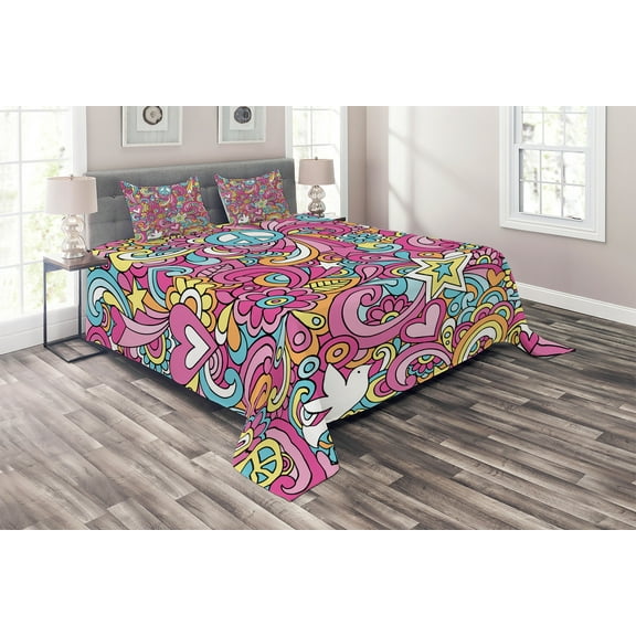 Ambesonne Groovy Quilted Coverlet 3 Pcs, Funky 60s Fun Retro, King Size, Multicolor