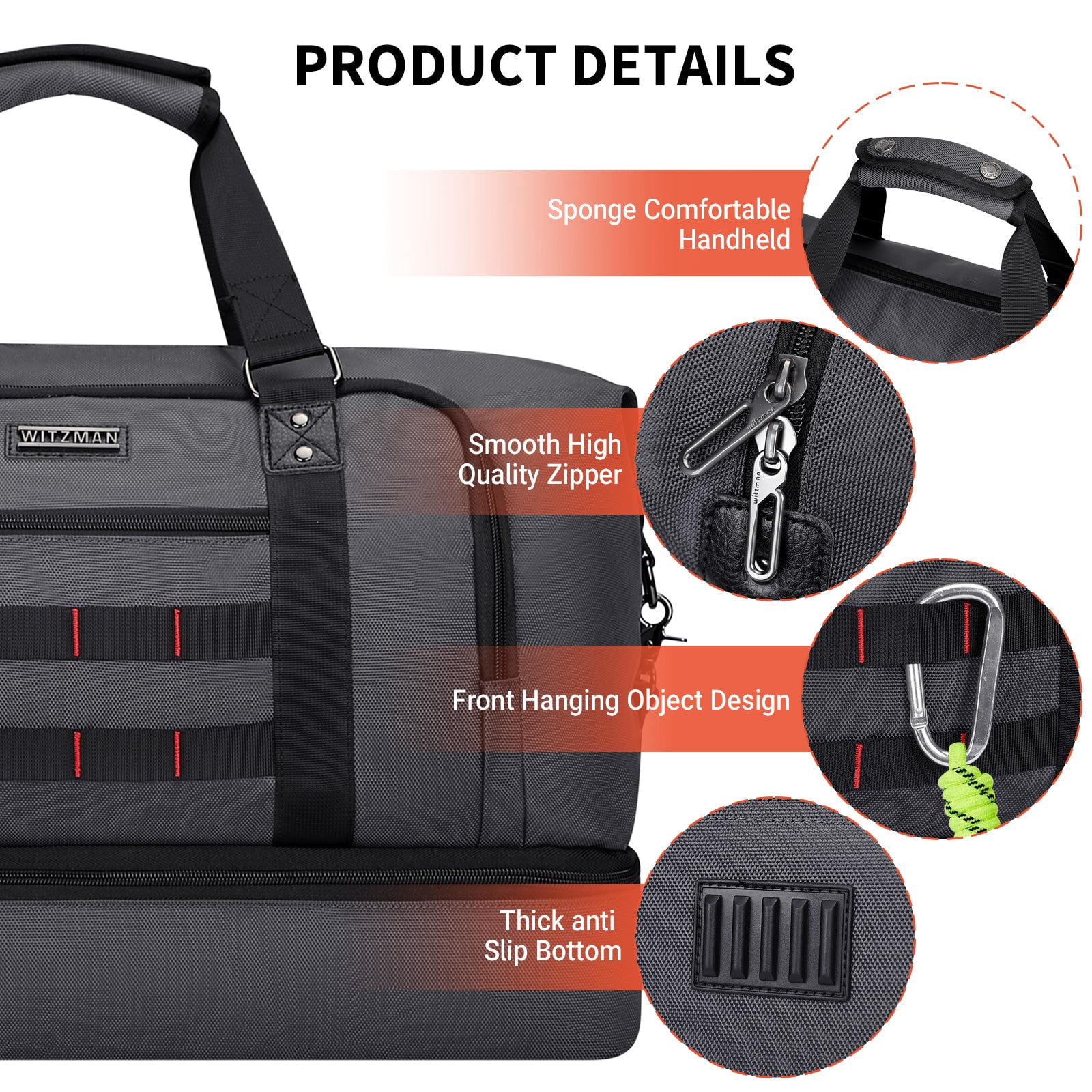 WITZMAN Travel Duffle Bags for Men Weekender Bags with Toiletry Bag Sets Carry on Overnight Bag 55L（B696 Silvery Grey）