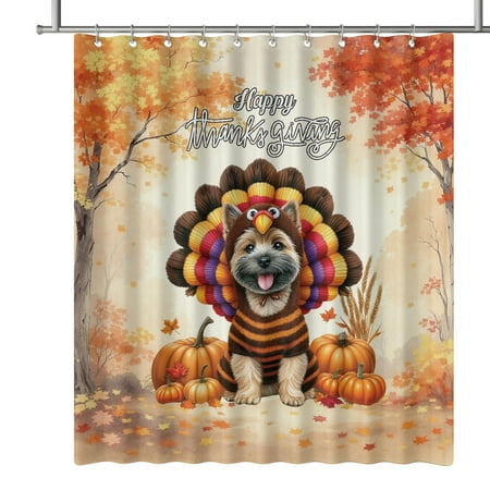 Happy Thanksgiving Cairn Terrier Turkey Costume Pumpkins Autumn Leaves Shower Curtain Cairns Dog Lover Waterproof Bathroom Bathtub Curtain - 130144