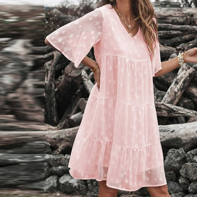 Clearance Sale Dresses for Women 2023 Short Sleeve Solid Color Lace Dress V Neck Midi Fit And Flare Daily Casual Elegant Vintage Party Club Holiday