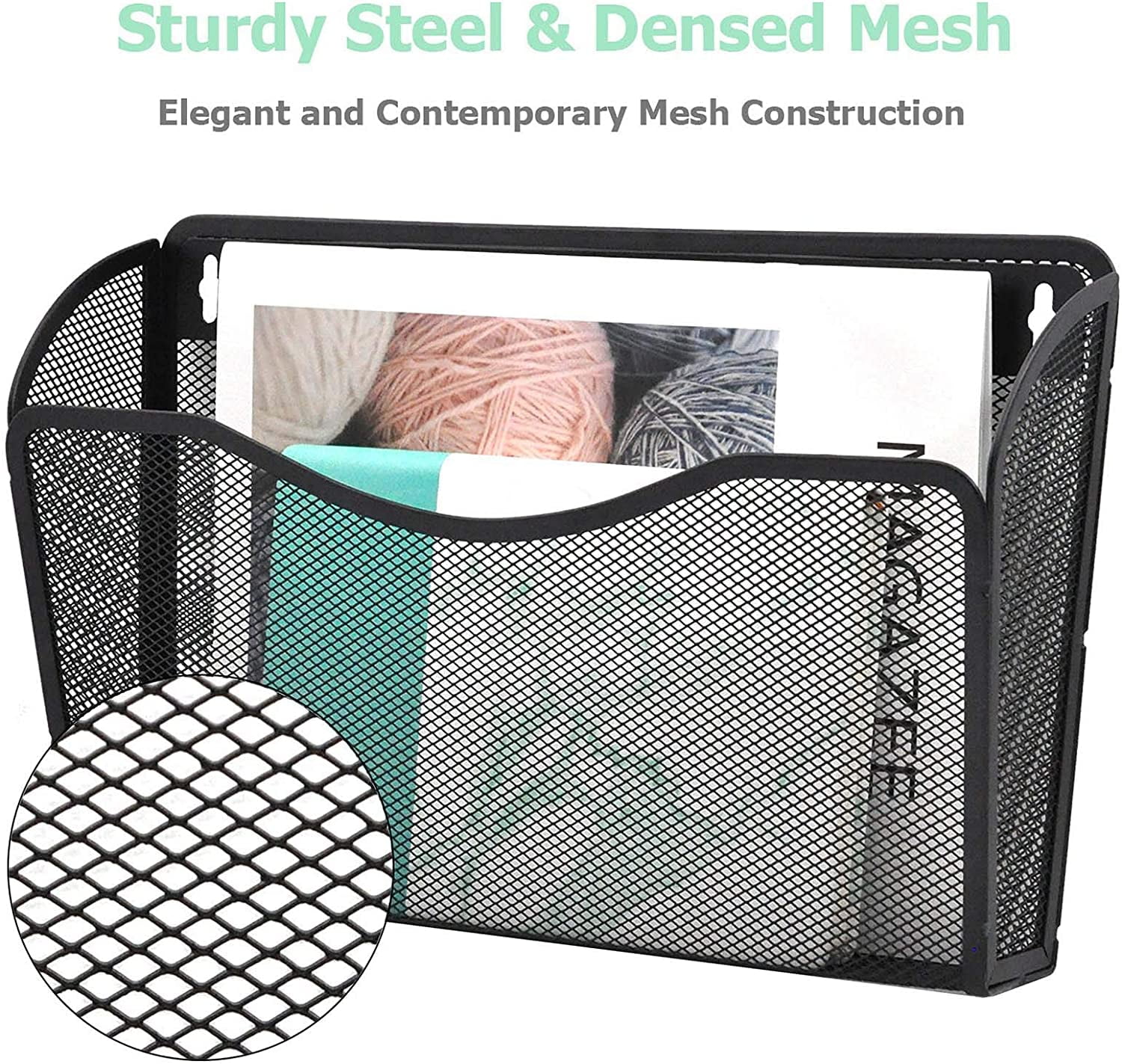 3 Single Pocket Mesh Hanging File Organizer, Vertical Wall Mounted Magazine File Holder, Mount Basket Mail Paper Document Folder Organizing for Office, Home and School, Gold