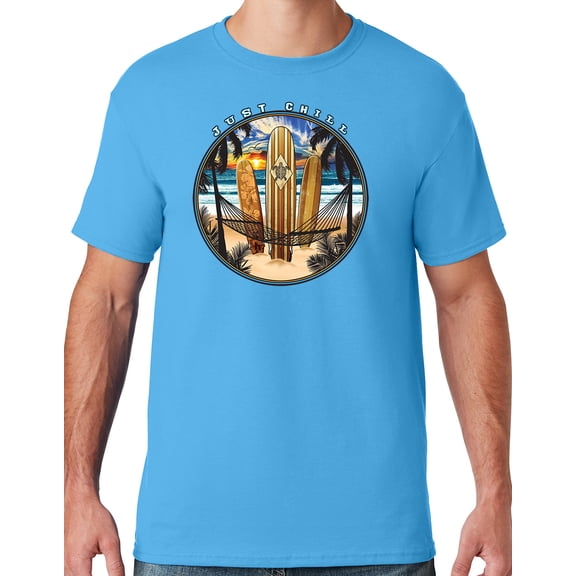 Mens Manu Bay Surf Company JUST CHILL SURFING T-shirt, 3XL Aqua Blue