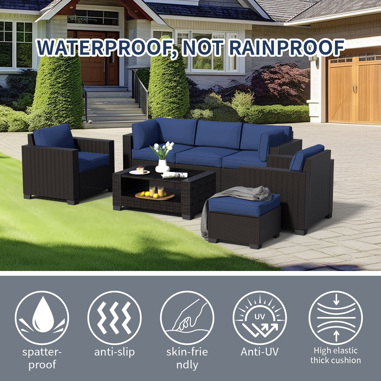 SHGJ&SOFT 7 Piece Patio Furniture Set, Wicker Outdoor Sectional Sofa with Washable Cushion Covers and Tempered Glass Table, Rattan Conversation Set for Poolside, Lawn, Balcony
