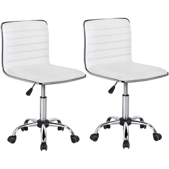 Adjustable Task Chair PU Leather Low Back Ribbed Armless Swivel Desk Chair Office Chair Wheels White, Set of 2