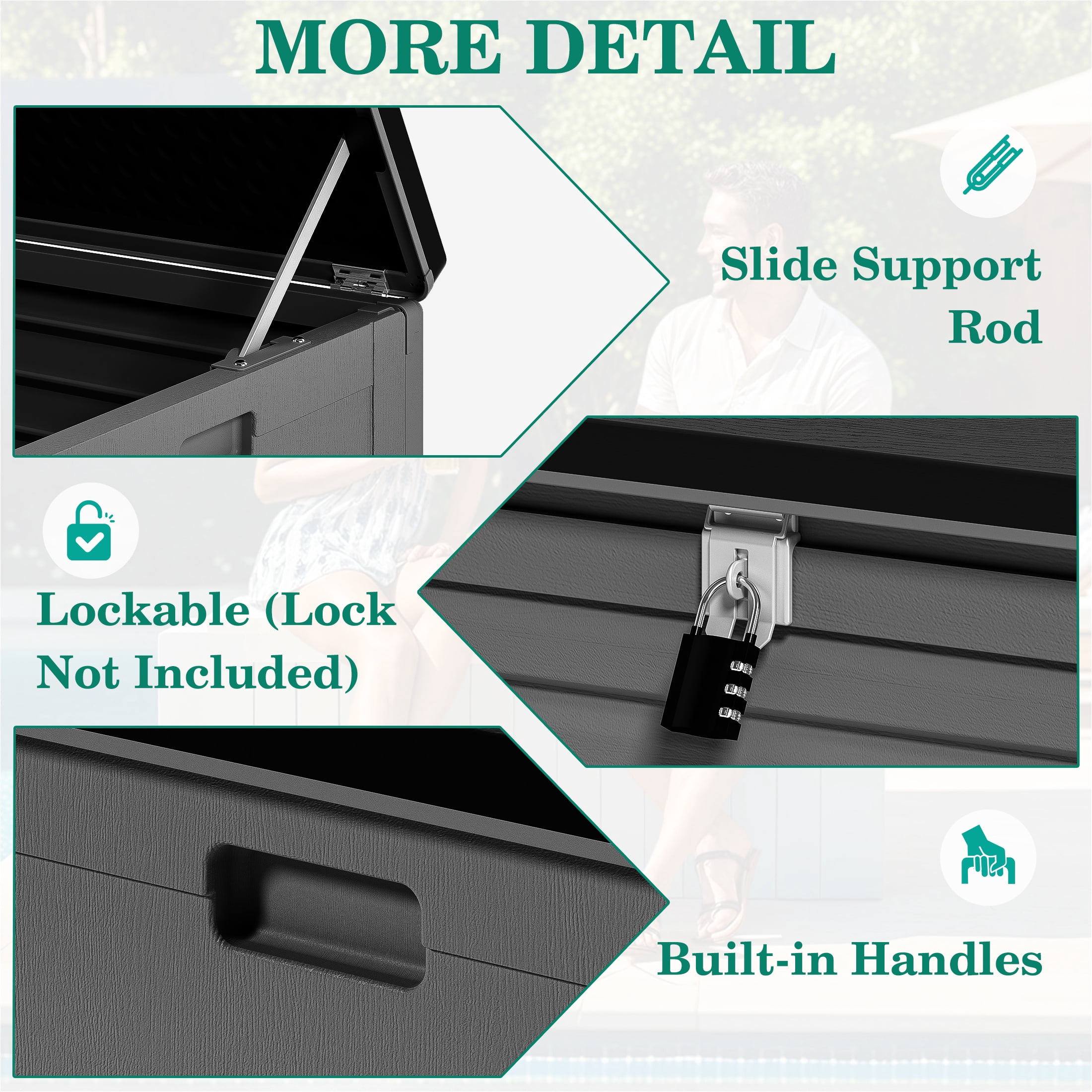 130 Gallon Resin Deck Box, Outdoor Lockable Storage Container for Patio Cushions, Garden Tools, Pool Supplies, Toys, Water Resistant and UV Resistant, Reinforced Rib Design, Gray
