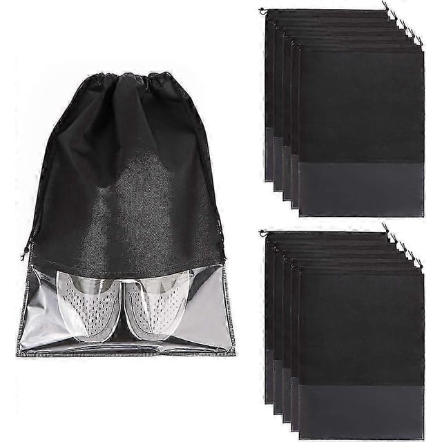 10pcs Travel Shoe Bag with Clear Window Waterproof Dustproof Storage Bag for Shoes Clothes During Travel and Sports (Black)