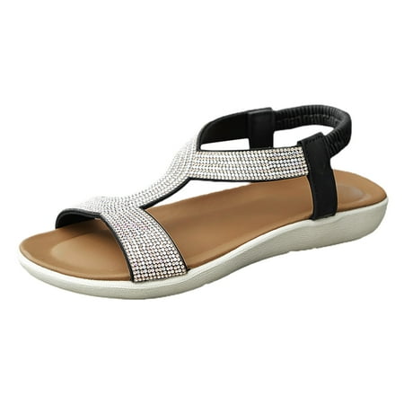 

LIANGP Women s Sandals Summer Elastic Band Rhinestone Casual Open Toe Flat Soft Bottom Breathable Shoes Sandals Women s Shoes Black Size 8