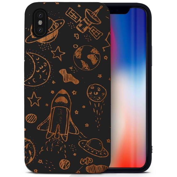 Case Yard Wooden Case for iPhone-XS-Max Soft TPU Silicone cover Slim Fit Shockproof Wood Protective Phone Cover for Girls Boys Men and Women Supports Wireless Charging Outer Space Design