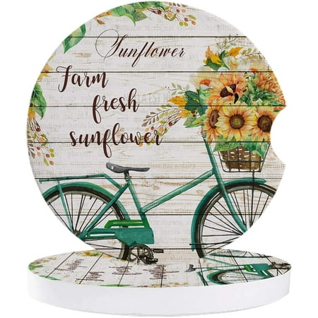 

KXMDXA Farm Fresh Sunflowers and Bicycle Set of 6 Car Coaster for Drinks Absorbent Ceramic Stone Coasters Cup Mat with Cork Base for Home Kitchen Room Coffee Table Bar Decor
