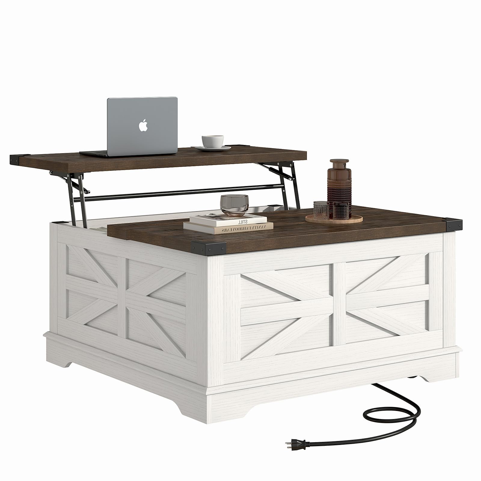 ANPOO 36” Square Lift Top Coffee Table with Power Outlets & Movable Wheels, Farmhouse Coffee Table w/Large Hidden Storage, Multi-Function Lift Wood Center Table for Home, Office,Rustic White