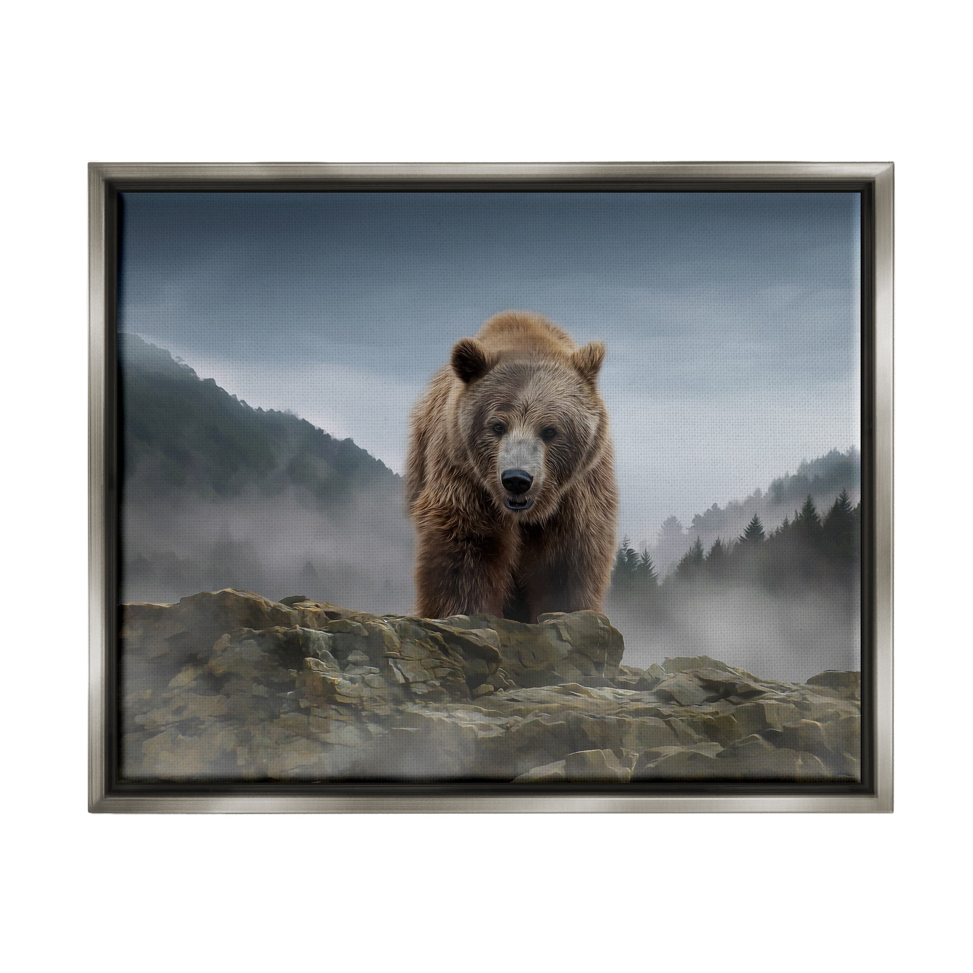 Stupell Industries Roaring Brown Grizzly Bear Rocky Mountain Top View Graphic Art Luster Gray Floating Framed Canvas Print Wall Art, Design by Kelley Parker