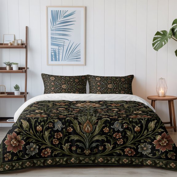 Botanical Floral Vine Pattern California King Size Bed Set,Vintage Flower Leaves Black Bedding for All Seasons,4 Pcs Bed Set with 1 Quiltcover (96"x104"),1 Sheet (110"x98"),2 Pillowcases (20"x36")