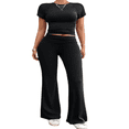 thumbnail image 2 of LYMAYTER Workout Two Piece Set‌ for Women Casual Short Sleeve Tops Fold Over Flare Pants Tracksuits S-XL, 2 of 9