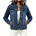 thumbnail image 2 of Yrmaups Women Collared Long Sleeve Denim Button Down Jacket, Casual Lightweight Fall Winter Blazer, Everyday Outfit for Work Travel Layering, Blue XL, 2 of 8