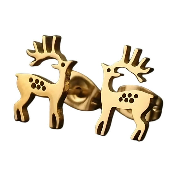 Reindeer Earrings for Women Gold Tone Stainless Steel Stud Butterfly Back by Ginger Lyne