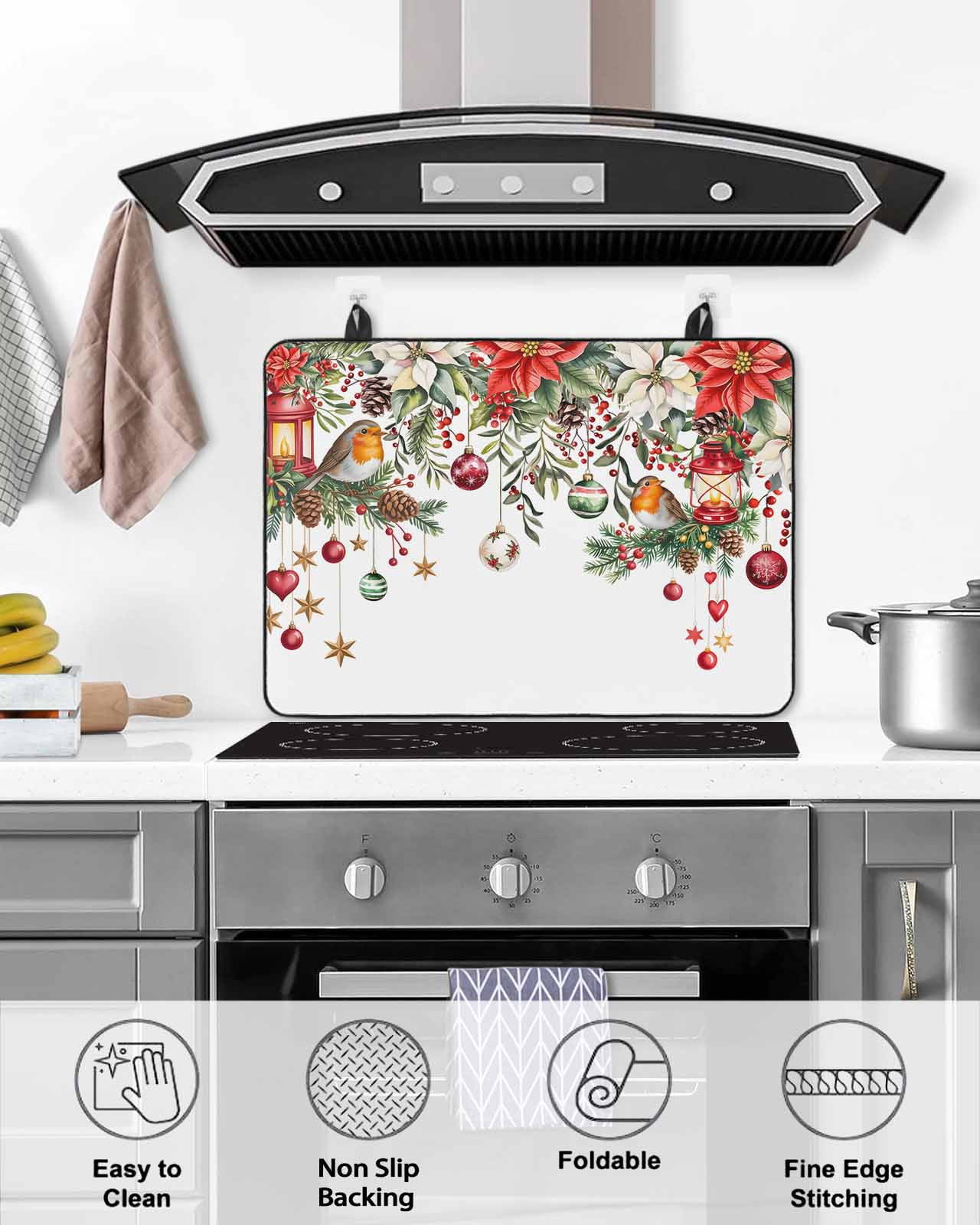 Large Induction Cooktop Protector Mat Christmas Stove Top Covers for Electric Stove, Xams Tree Winter Red Poinsettia Pine Cones Decorative Stove Burner Cover Mats, Glass Top Stove Cover