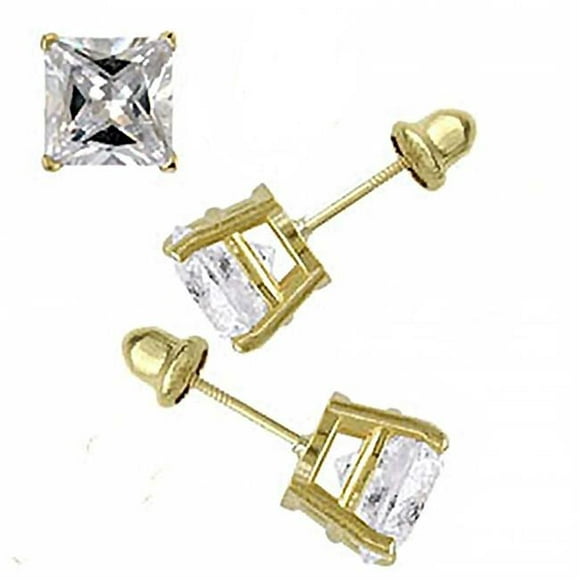 Ensemble de Boucles d'Oreilles Clou en Or Jaune 14K Taille Princesse avec Diamant Simulé, Monture à Griffes de Haute Qualité et Tige à Vis