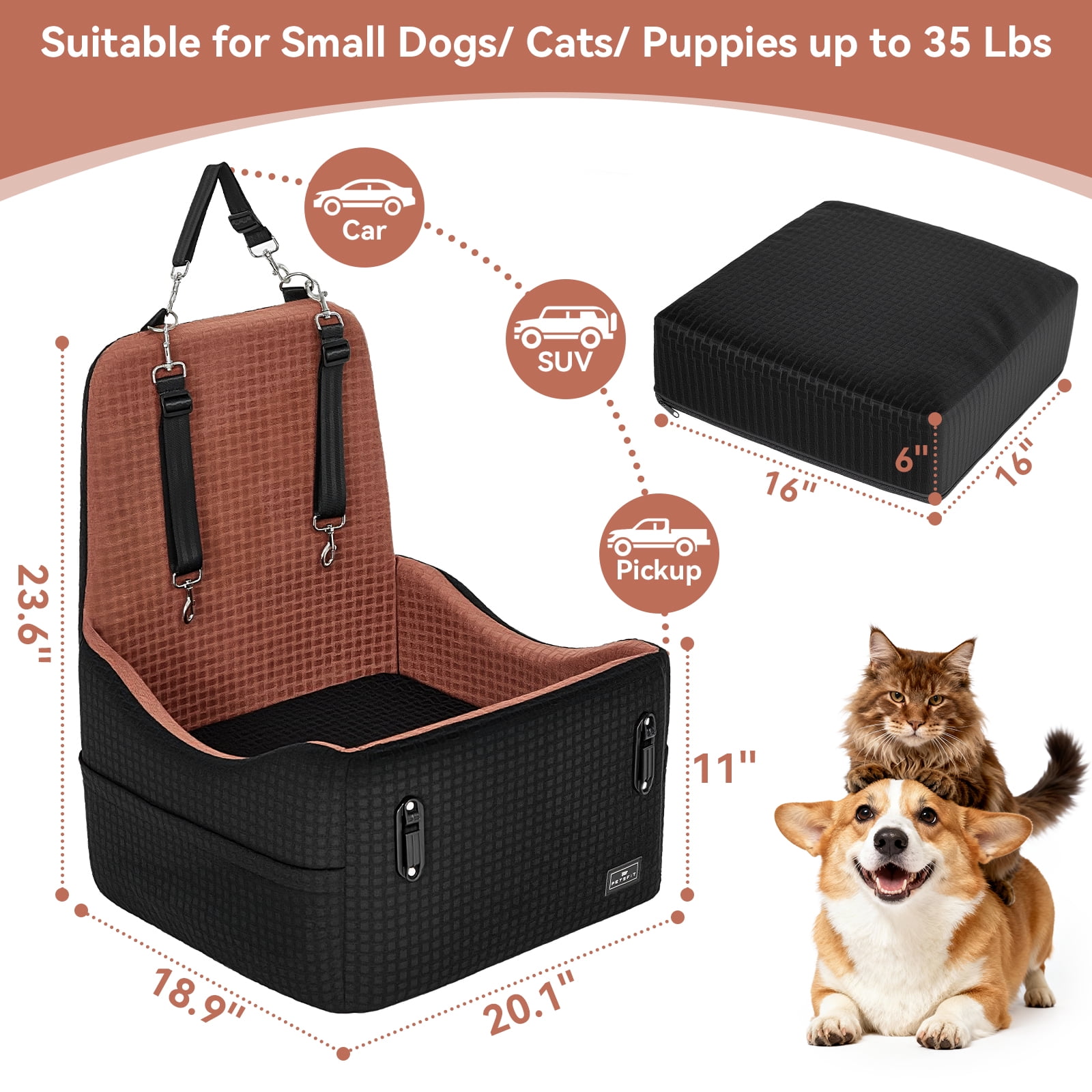 PETSFIT Dog Car Seat for Small/Medium Dogs Up to 35 lbs – Patented Safety System, 6" Memory Foam Pet Booster Car Seat, Fully Detachable and Washable (Black/Brown)