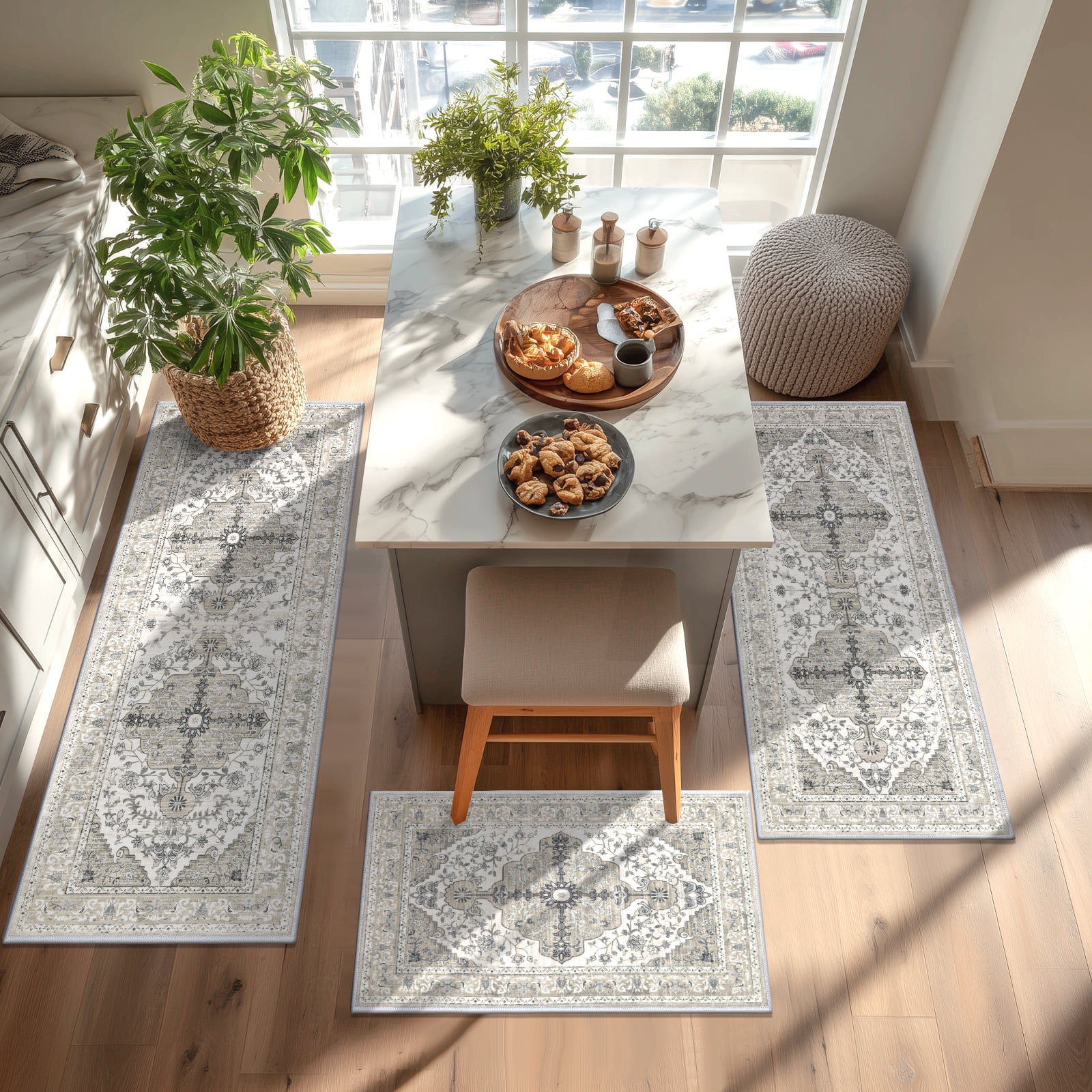 Kitchen Rug and Mat, Yamaziot Boho Kitchen Rug Set of 3, Non Slip Washable Farmhouse Floor Mat Hallway Runner, Laundry Room Carpet