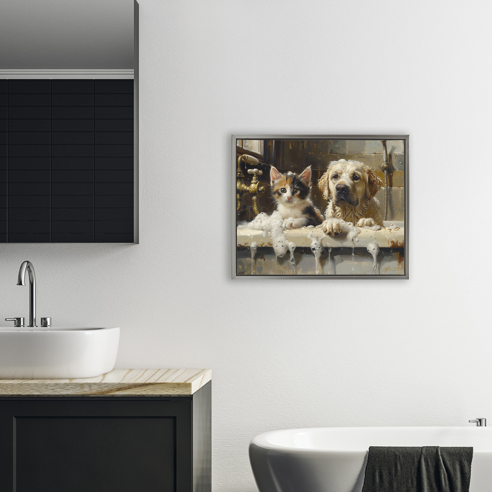 Bath Buddies Cat & Dog Gray Framed Floater Canvas Wall Art, design by Shawna Stewart